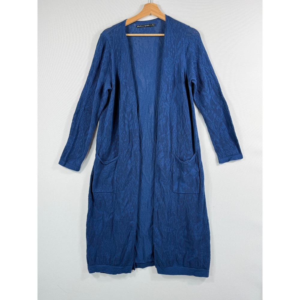 Gudrun Sjoden Cardigan Women Medium Blue Pointelle Duster Lagenlook Coastal Boho